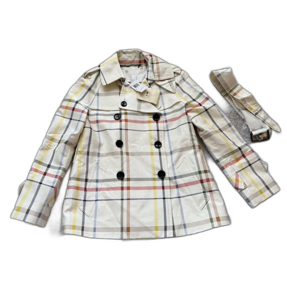 COACH WOMENS TATTERSALL PLAID SHORT TRENCH COAT MULTICOLOR PLAID PATTERN XS NWT